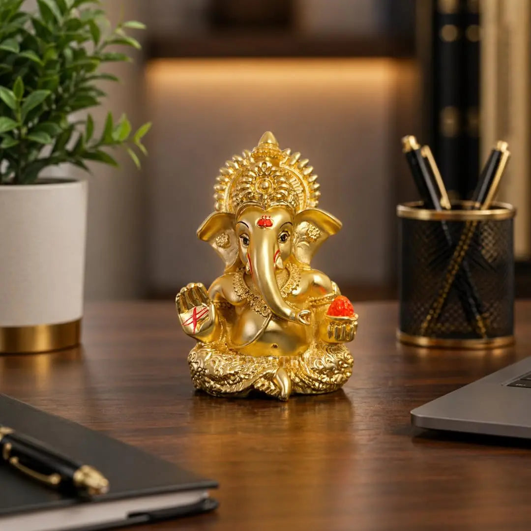 Gold Art India Lord Ganesha Idol – Gold Plated Matte Finish with Premium Velvet Gift Box (3.5 Inch)