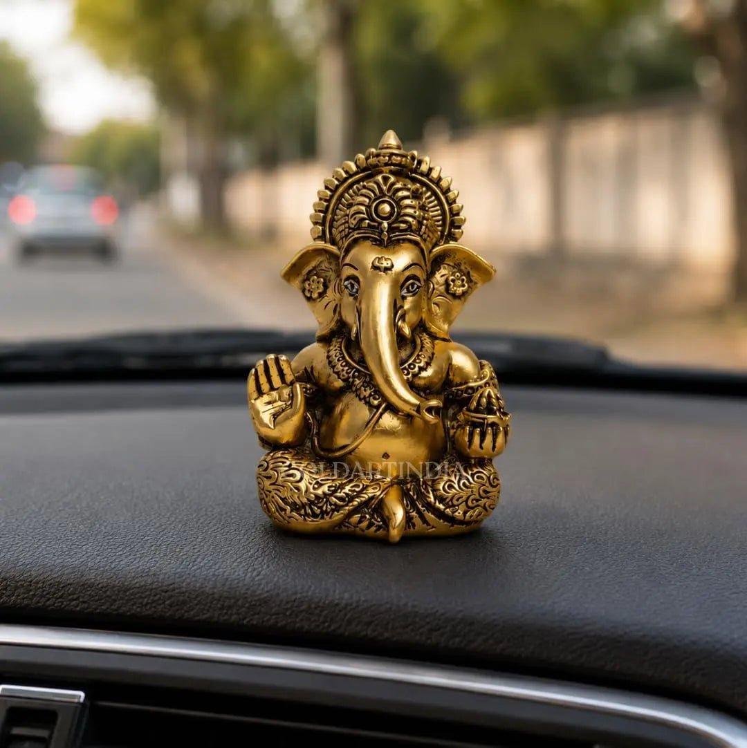 Gold Art India Ganesha Idol – Gold Plated Antique Finish Ganpati Murti with Premium Velvet Gift Box | Decorative Statue for Home Temple, Office Desk, Car Dashboard & Spiritual Gifting (3.5 Inch)