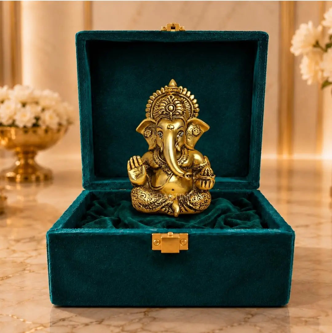 Gold Art India Ganesha Idol – Gold Plated Antique Finish Ganpati Murti with Premium Velvet Gift Box | Decorative Statue for Home Temple, Office Desk, Car Dashboard & Spiritual Gifting (3.5 Inch)