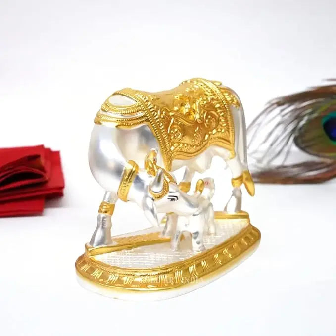 Kamdhenu Cow & Calf Idol – Gold & Silver Plated for Vastu & Home Decor 4.5 inch | Gold art india
