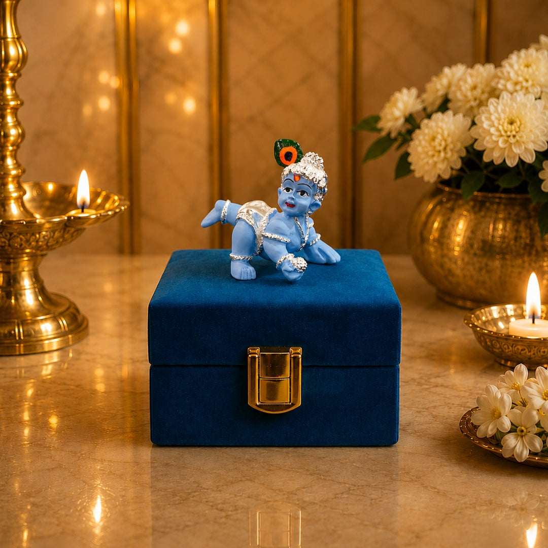 Laddu Gopal Idol (2.5 Inch) | Silver Plated Bal Krishna Murti with Premium Velvet Gift Box for Home Temple, Home Décor & Spiritual Gift