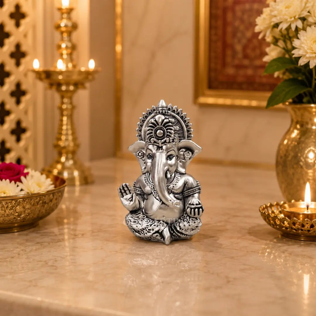 Gold Art India Ganesh Idol 999 Silver Plated Antique Matte Finish | 3 x 2 Inch Polyresin Ganesha Murti with Peacock Blue Velvet Gift Box | Home Temple, Office Desk & Spiritual Gift