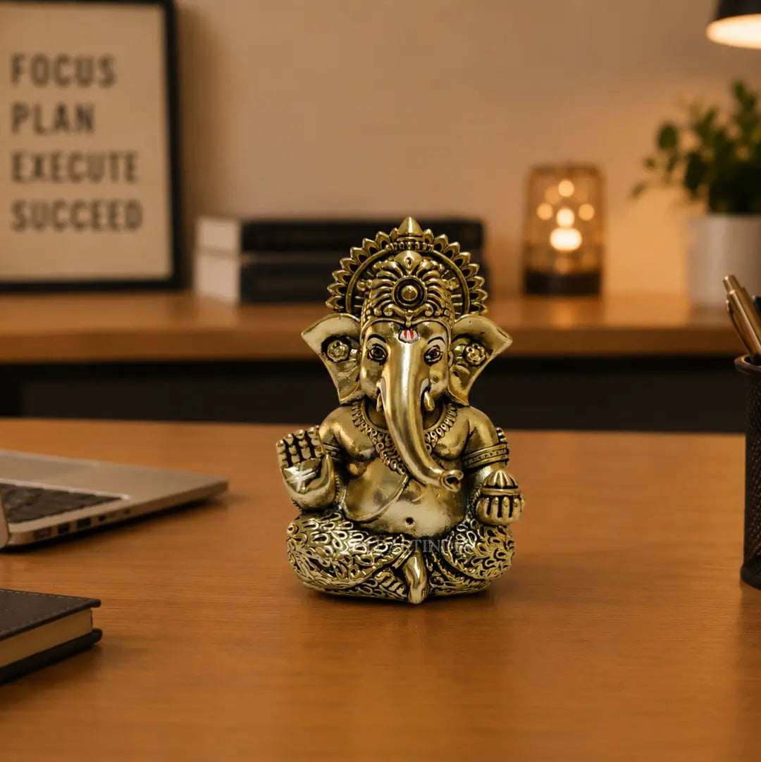 Gold Art India Ganesh Idol – Gold Antique Matte Finish with Peacock Blue Velvet Gift Box | 3 x 2 Inch