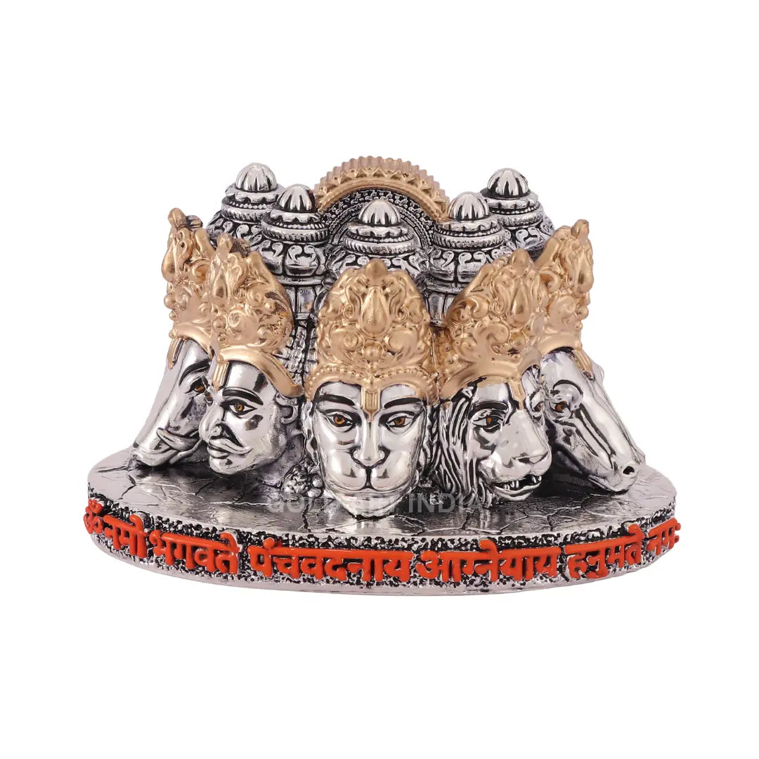 Panchmukhi Hanuman bust idol – silver antique gold finish, angled view – Gold Art India #color_Silver Antique Gold