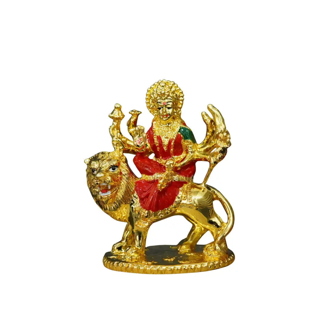 Gold Plated Ambe MATA Idol – 3.6 Inch Goddess Durga Murti with Red & Green Attire on Lion | Gold Art India