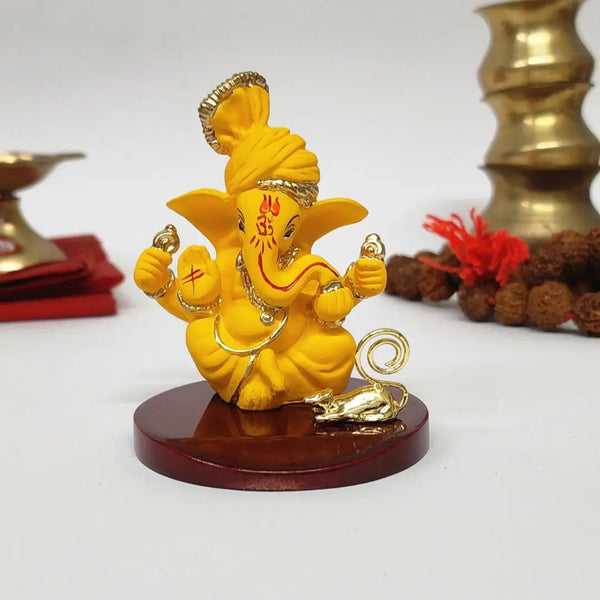 Pagadi Ganesh Mango Terracotta Idol with Gold-Plated Mooshak | Premium Ganpati Murti for Home Décor, Home Temple, Office Desk & Car Dashboard – 3 Inch