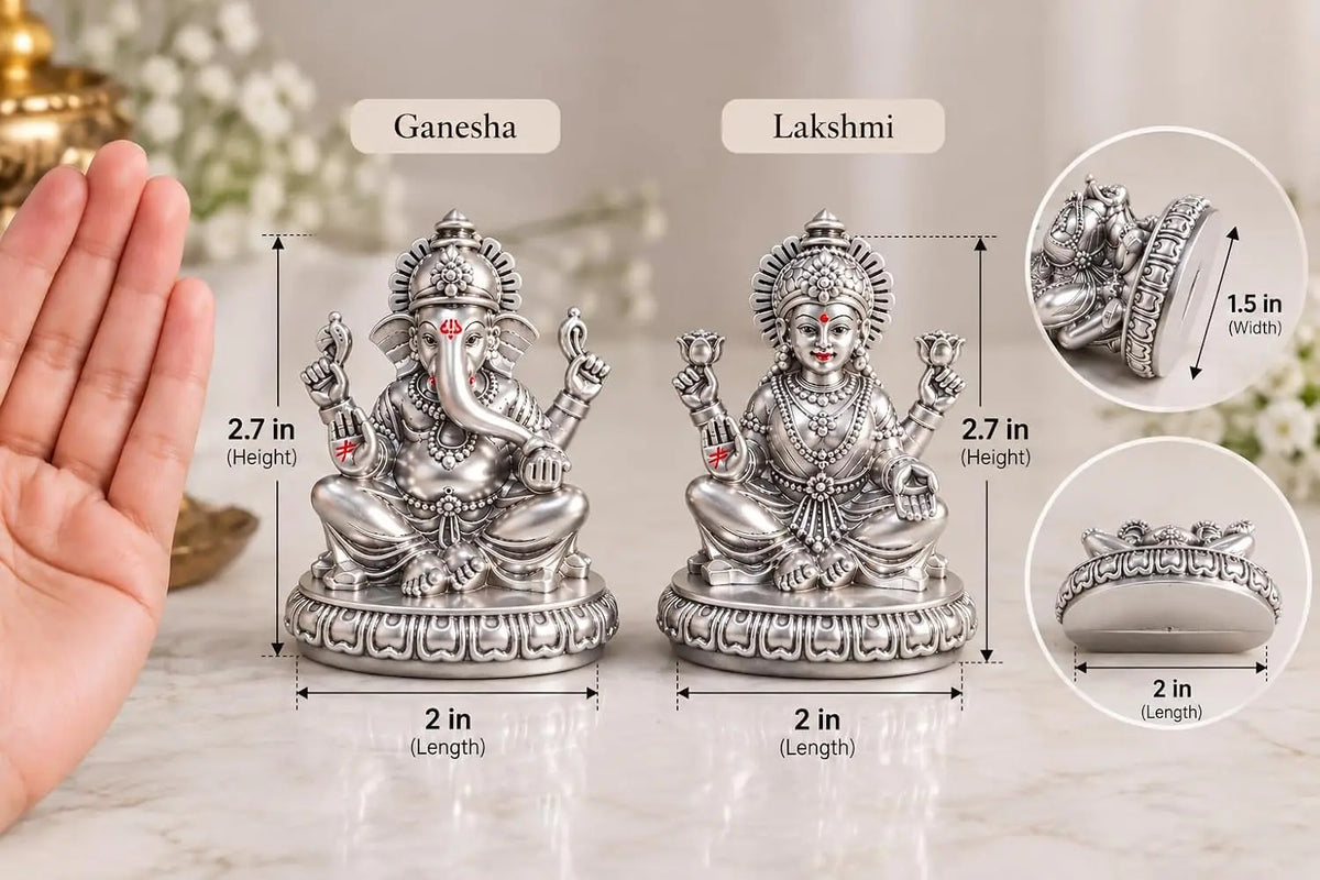 Gold Art India Lakshmi Ganesha Idol Set | 999 Silver Plated Laxmi Ganesh Ji Murti for Diwali Pooja, Home Temple, Office & Gifting