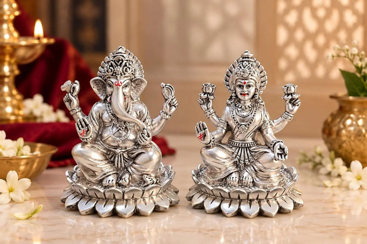 Gold Art India Lakshmi Ganesha Idol 999 Silver Plated on Lotus Base | Laxmi Ganesh Ji Murti for Diwali Pooja, Home Mandir, Office & Gifting | Premium Gift Box