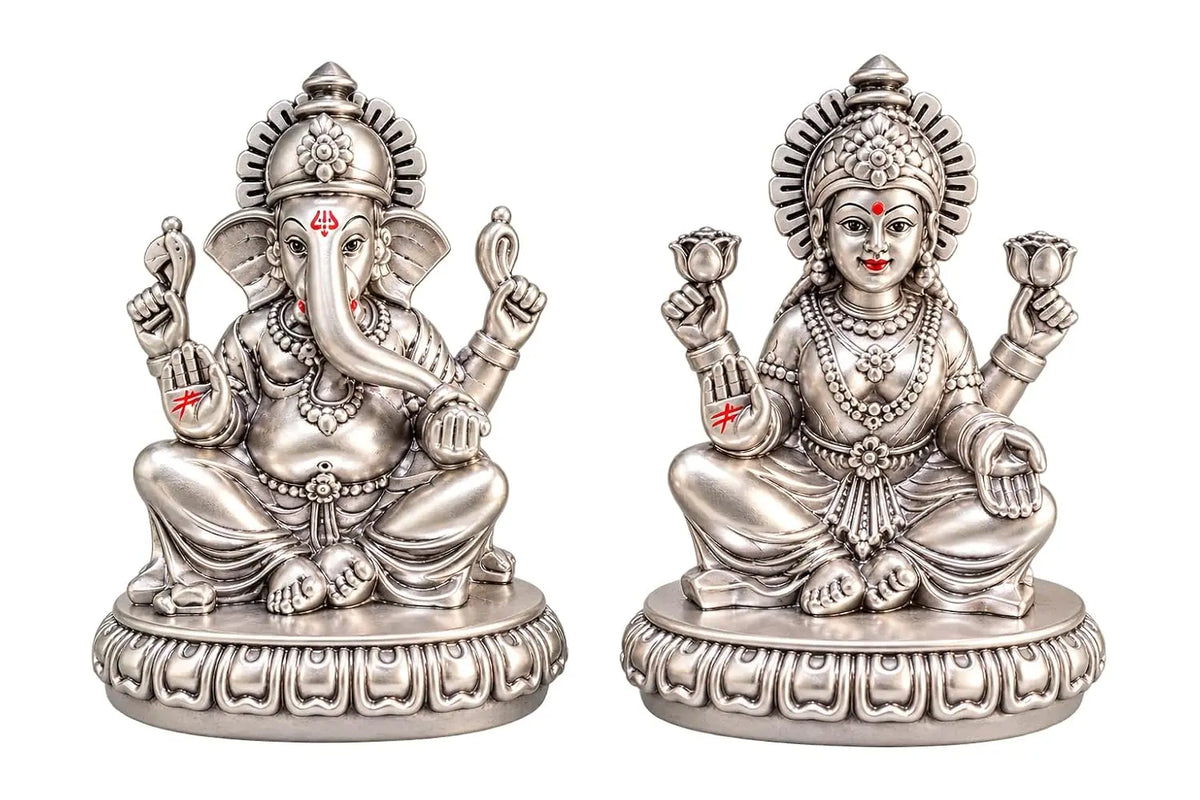 Gold Art India Lakshmi Ganesha Idol Set | 999 Silver Plated Laxmi Ganesh Ji Murti for Diwali Pooja, Home Temple, Office & Gifting