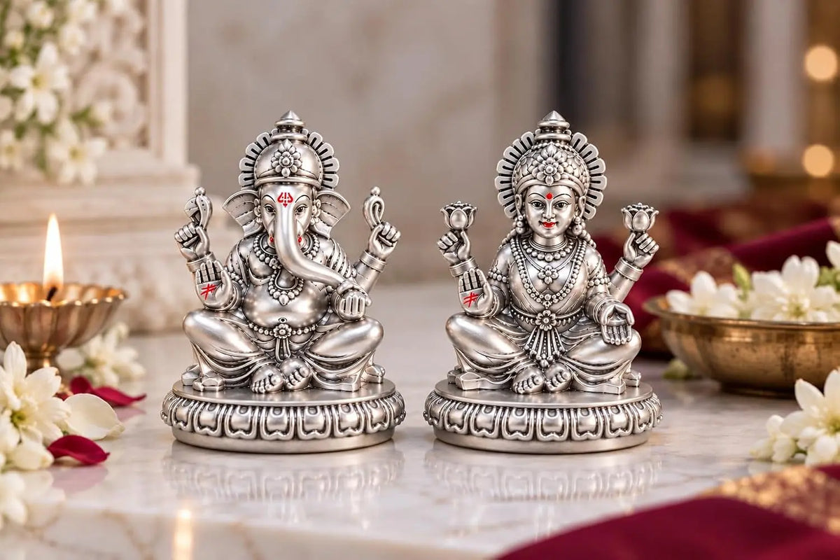 Gold Art India Lakshmi Ganesha Idol Set | 999 Silver Plated Laxmi Ganesh Ji Murti for Diwali Pooja, Home Temple, Office & Gifting