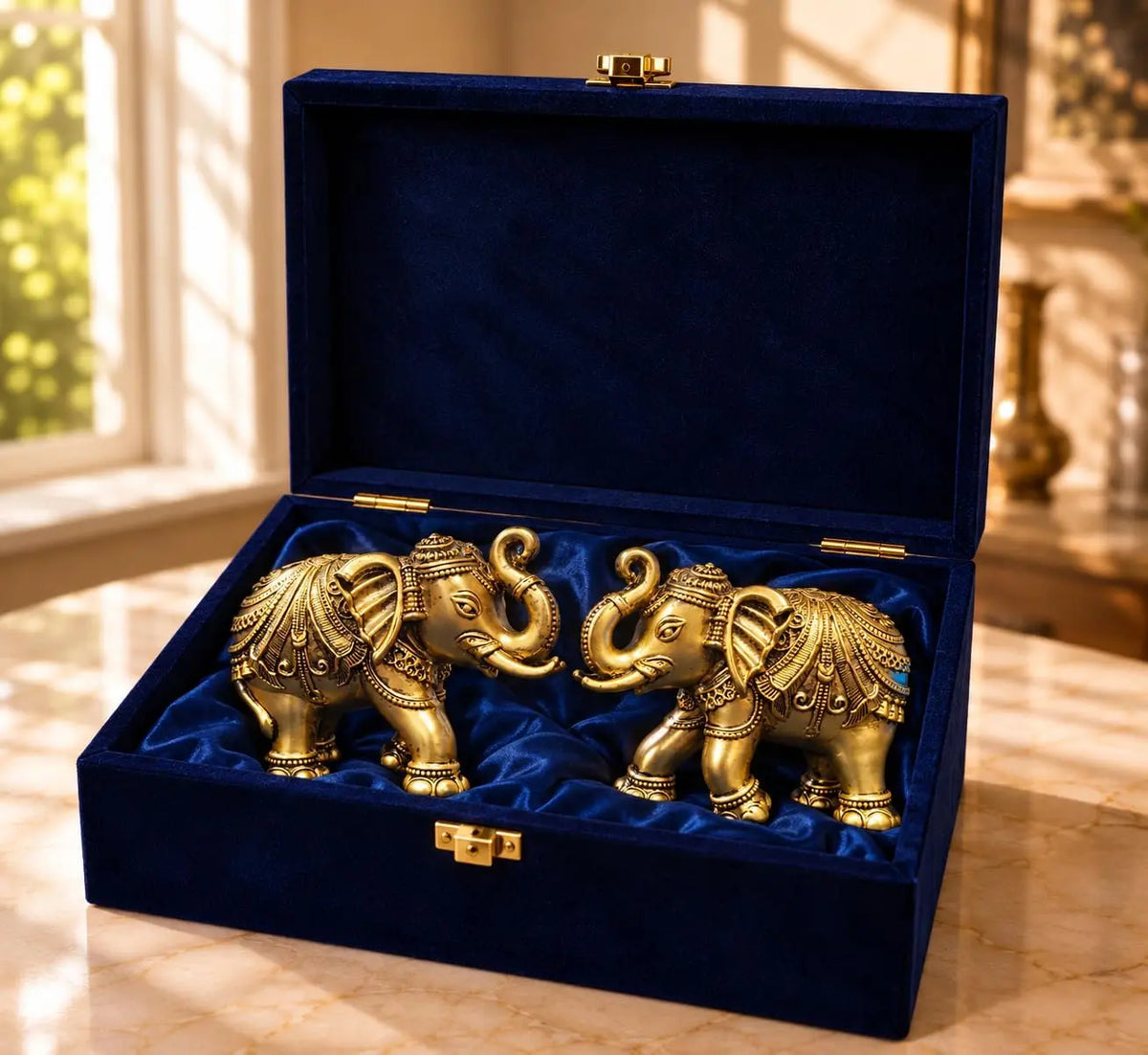 Gold Art India Elephant Pair Showpiece | 24KT Gold Plated Antique Matte Finish | 3-Inch Vastu Elephant Statues | Premium Blue Velvet Gift Box