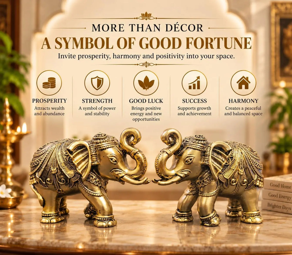 Gold Art India Elephant Pair Showpiece | 24KT Gold Plated Antique Matte Finish | 3-Inch Vastu Elephant Statues | Premium Blue Velvet Gift Box