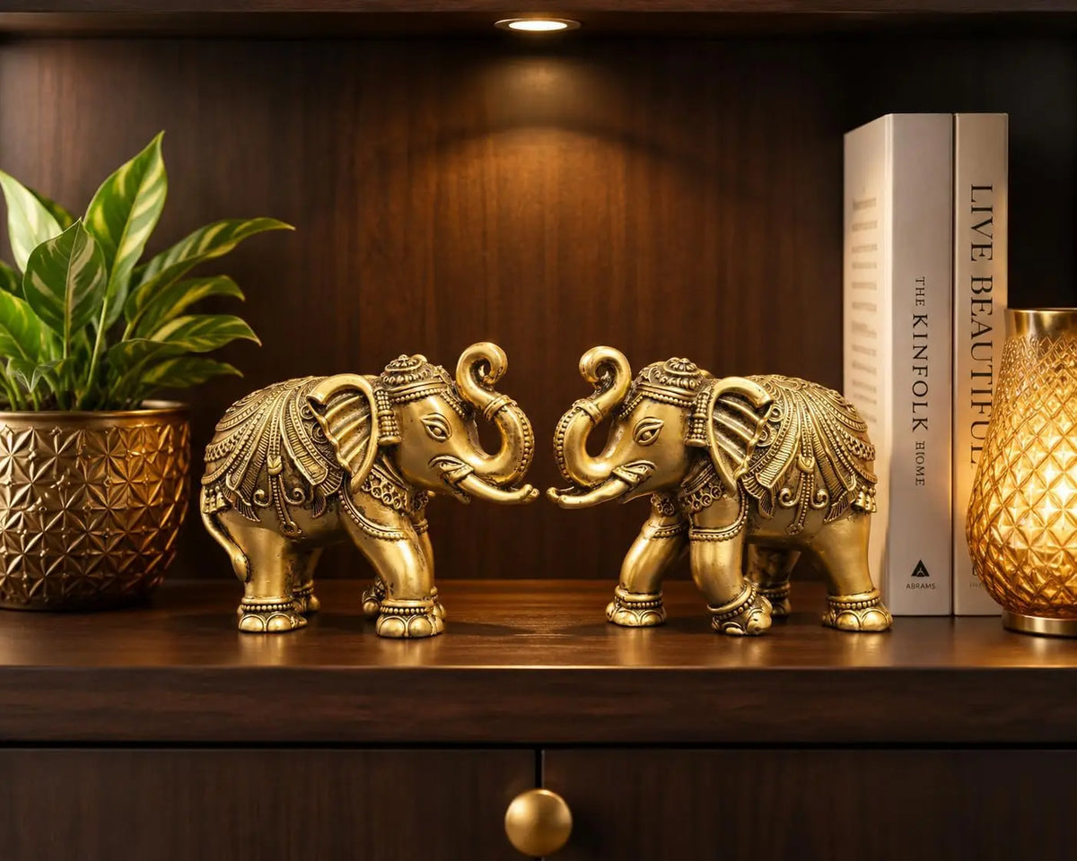 Gold Art India Elephant Pair Showpiece | 24KT Gold Plated Antique Matte Finish | 3-Inch Vastu Elephant Statues | Premium Blue Velvet Gift Box
