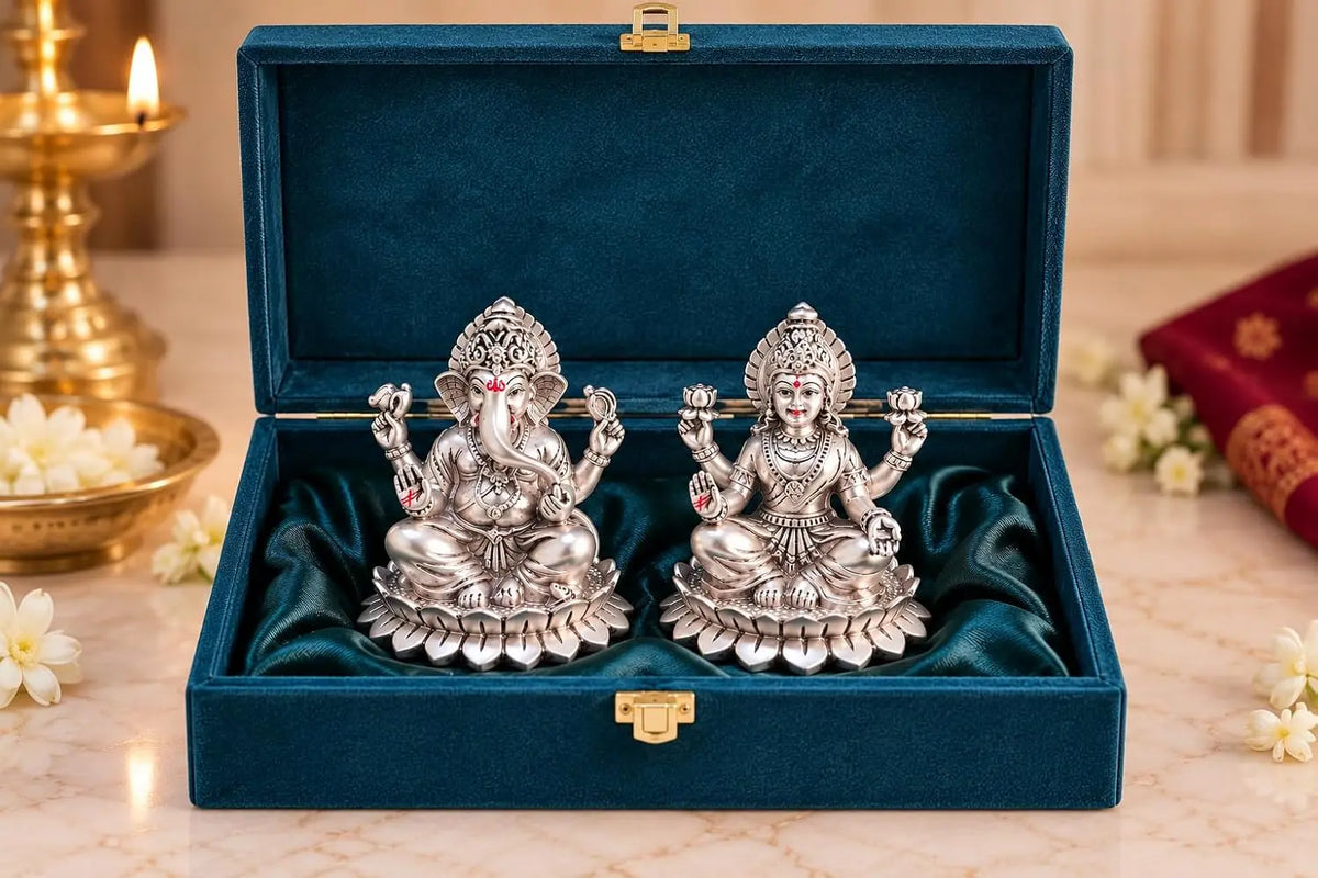 Gold Art India Lakshmi Ganesha Idol 999 Silver Plated on Lotus Base | Laxmi Ganesh Ji Murti for Diwali Pooja, Home Mandir, Office & Gifting | Premium Gift Box