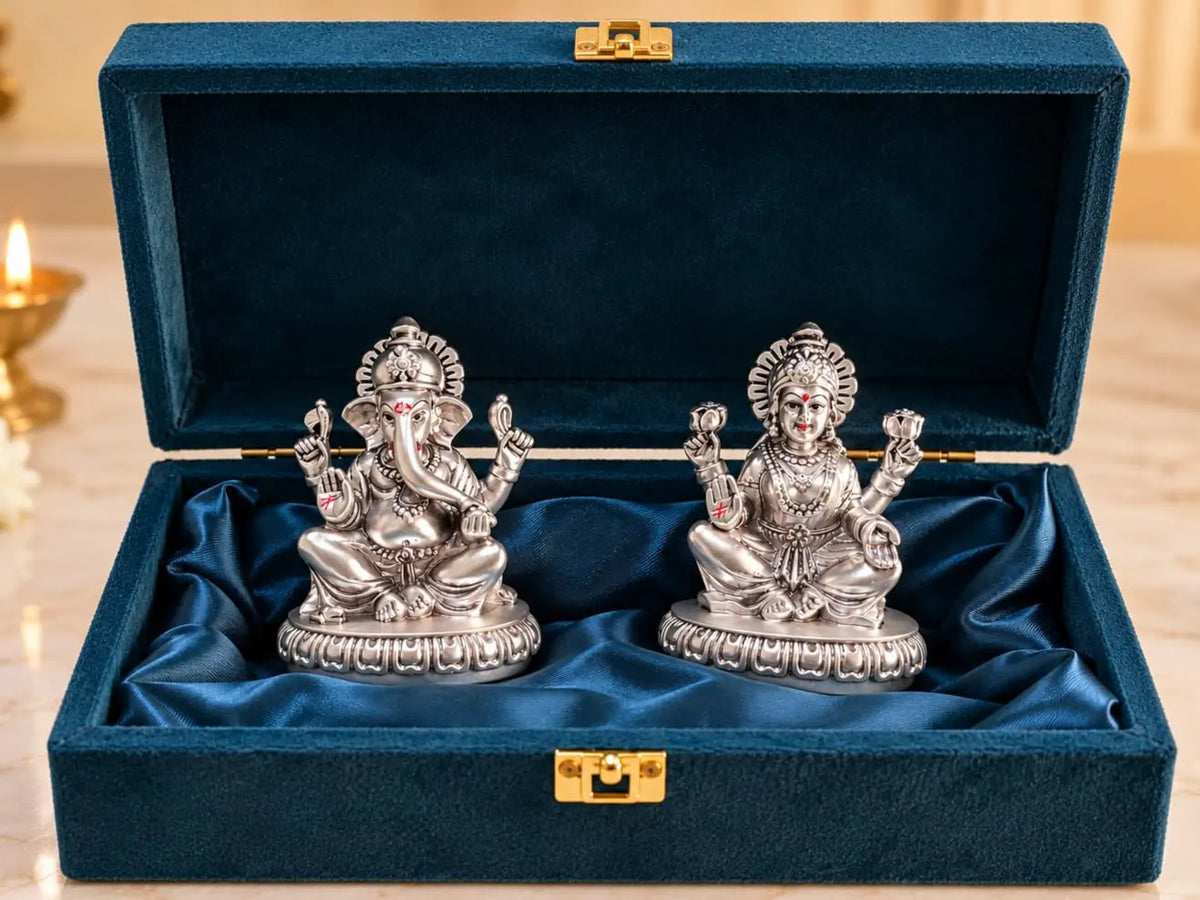 Gold Art India Lakshmi Ganesha Idol Set | 999 Silver Plated Laxmi Ganesh Ji Murti for Diwali Pooja, Home Temple, Office & Gifting