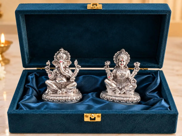 Gold Art India Lakshmi Ganesha Idol Set | 999 Silver Plated Laxmi Ganesh Ji Murti for Diwali Pooja, Home Temple, Office & Gifting