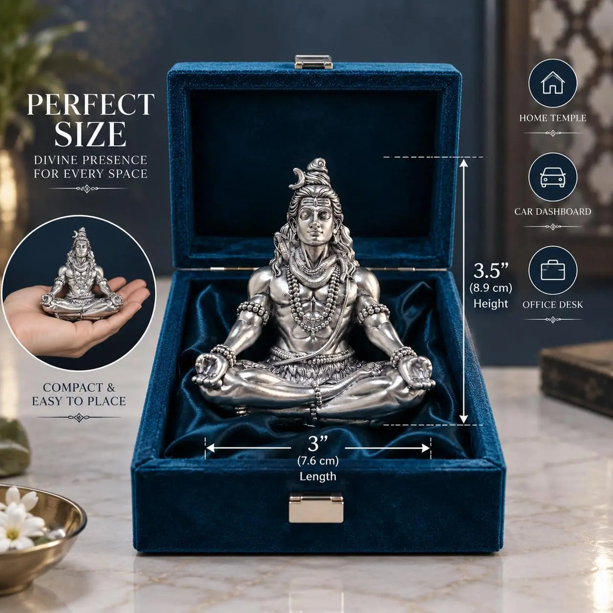 Lord Shiva Idol 3.5 Inch | 999 Silver Plated Mahadev Murti | Shiv Ji Idol for Car Dashboard, Home Temple & Office | Gold Art India