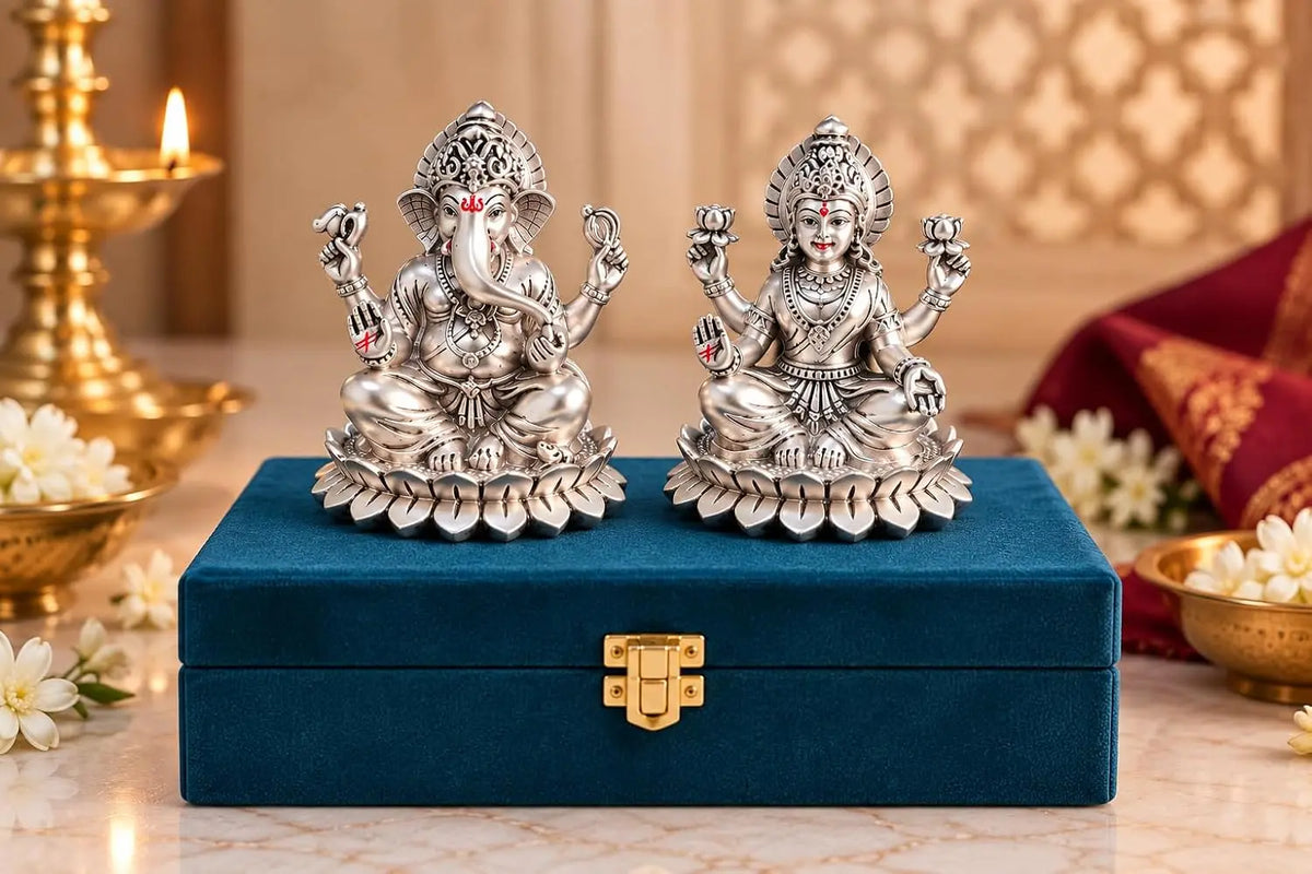 Gold Art India Lakshmi Ganesha Idol 999 Silver Plated on Lotus Base | Laxmi Ganesh Ji Murti for Diwali Pooja, Home Mandir, Office & Gifting | Premium Gift Box