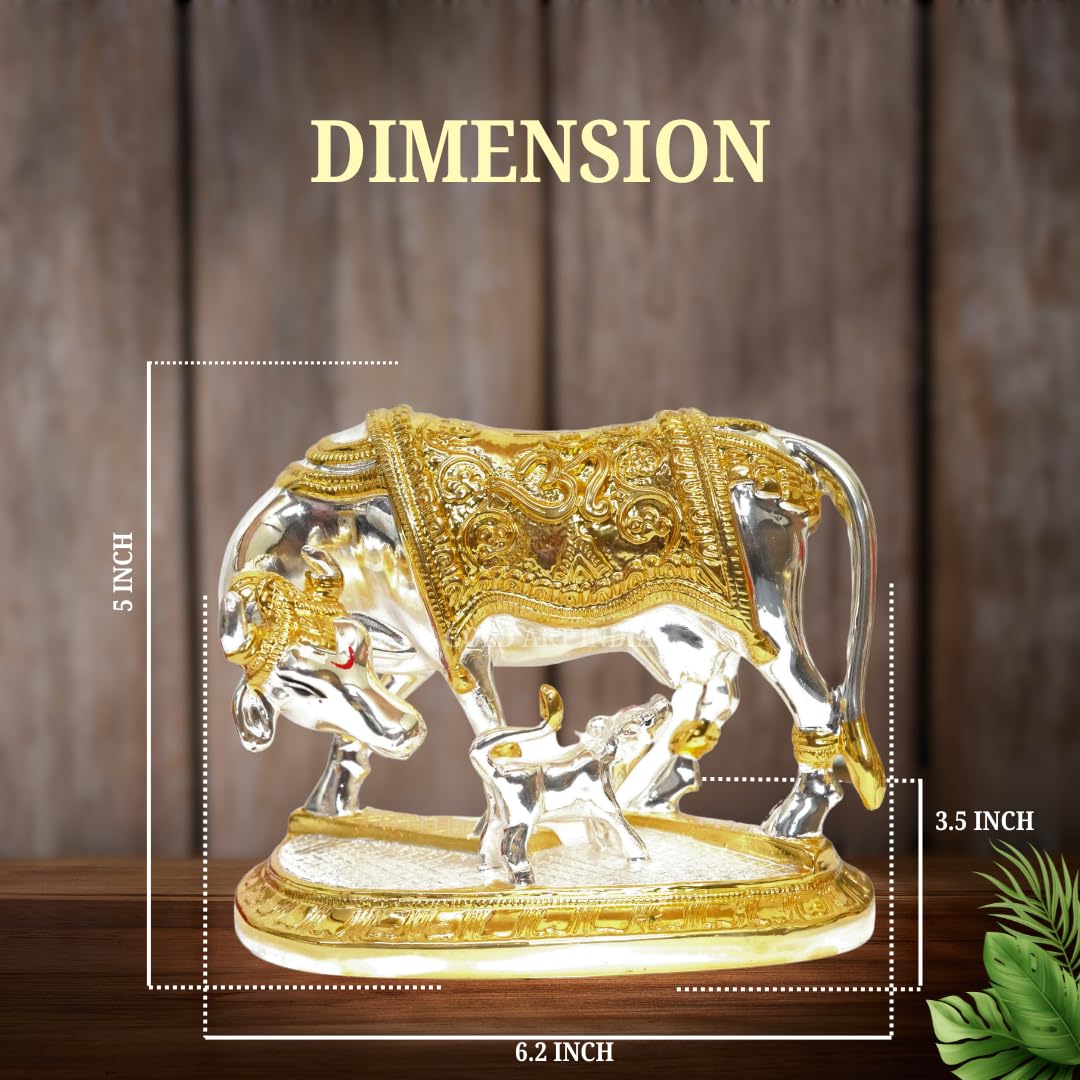 Gold Art India Kamdhenu Cow with Calf Idol – Gold & Silver Plated Decor for Vastu & Pooja