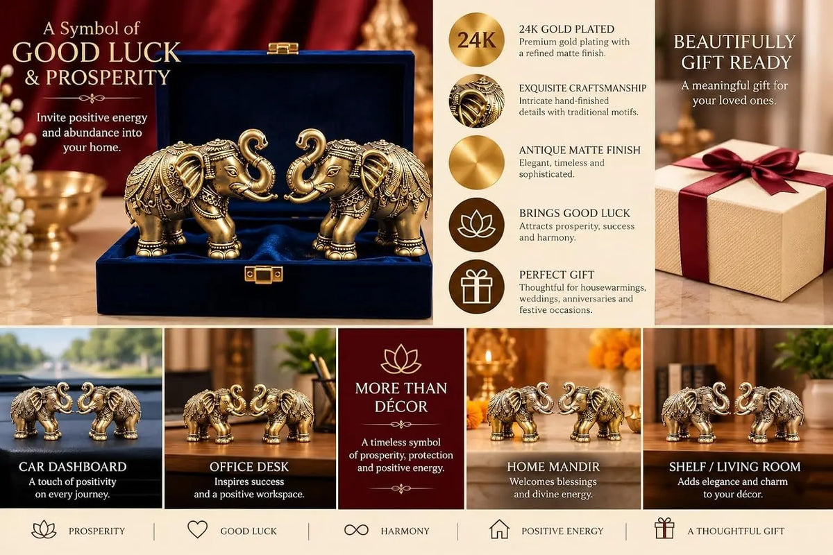 Gold Art India Elephant Pair Showpiece | 24KT Gold Plated Antique Matte Finish | 3-Inch Vastu Elephant Statues | Premium Blue Velvet Gift Box