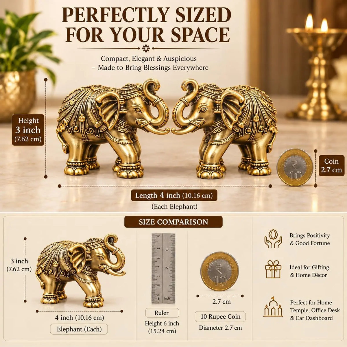 Gold Art India Elephant Pair Showpiece | 24KT Gold Plated Antique Matte Finish | 3-Inch Vastu Elephant Statues | Premium Blue Velvet Gift Box