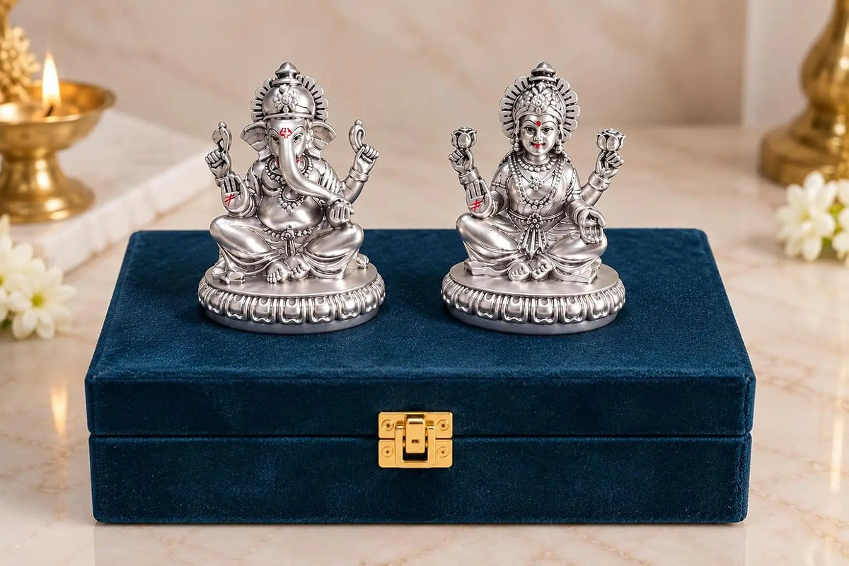 Gold Art India Lakshmi Ganesha Idol Set | 999 Silver Plated Laxmi Ganesh Ji Murti for Diwali Pooja, Home Temple, Office & Gifting
