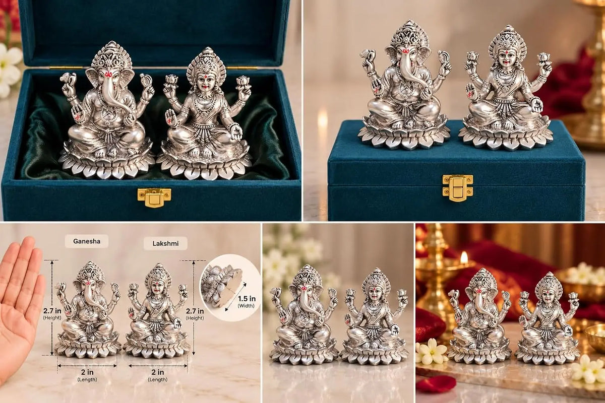 Gold Art India Lakshmi Ganesha Idol 999 Silver Plated on Lotus Base | Laxmi Ganesh Ji Murti for Diwali Pooja, Home Mandir, Office & Gifting | Premium Gift Box