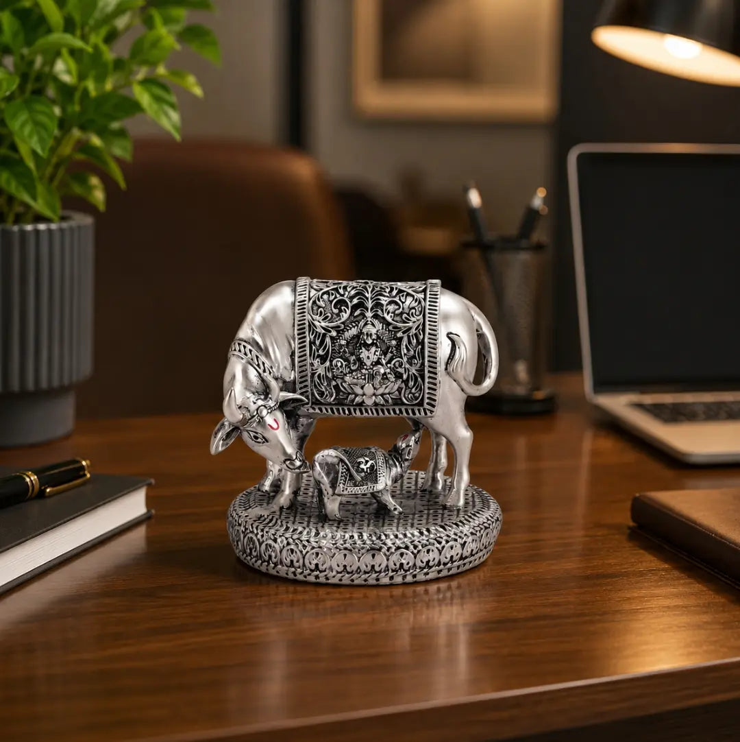 Gold Art India Kamdhenu Cow with Calf Idol | 999 Silver Plated | Premium Velvet Gift Box