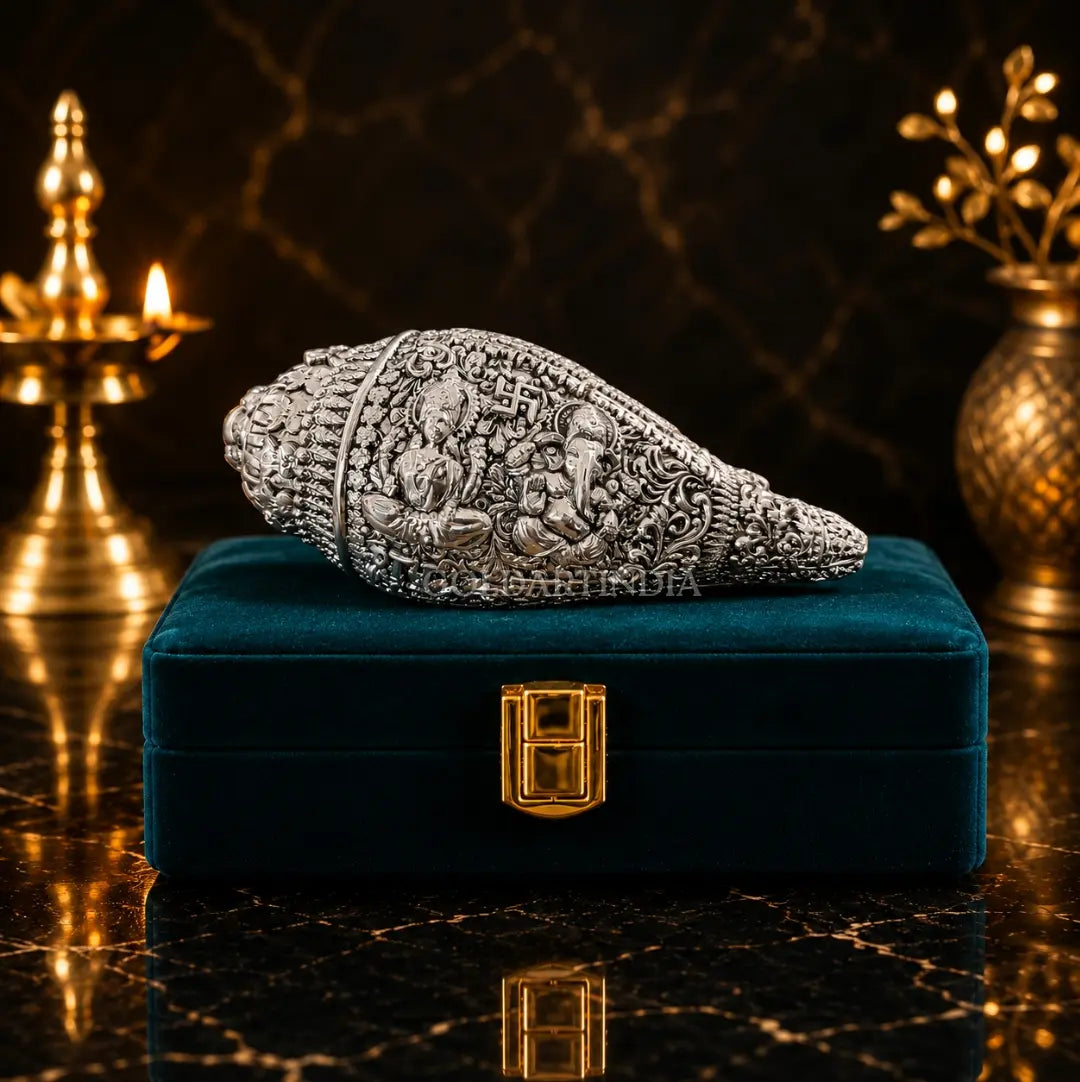 Silver Plated Lakshmi Ganesh Shankh with Sacred Yantra & Shubh Labh Engraving | Premium Velvet Gift Box