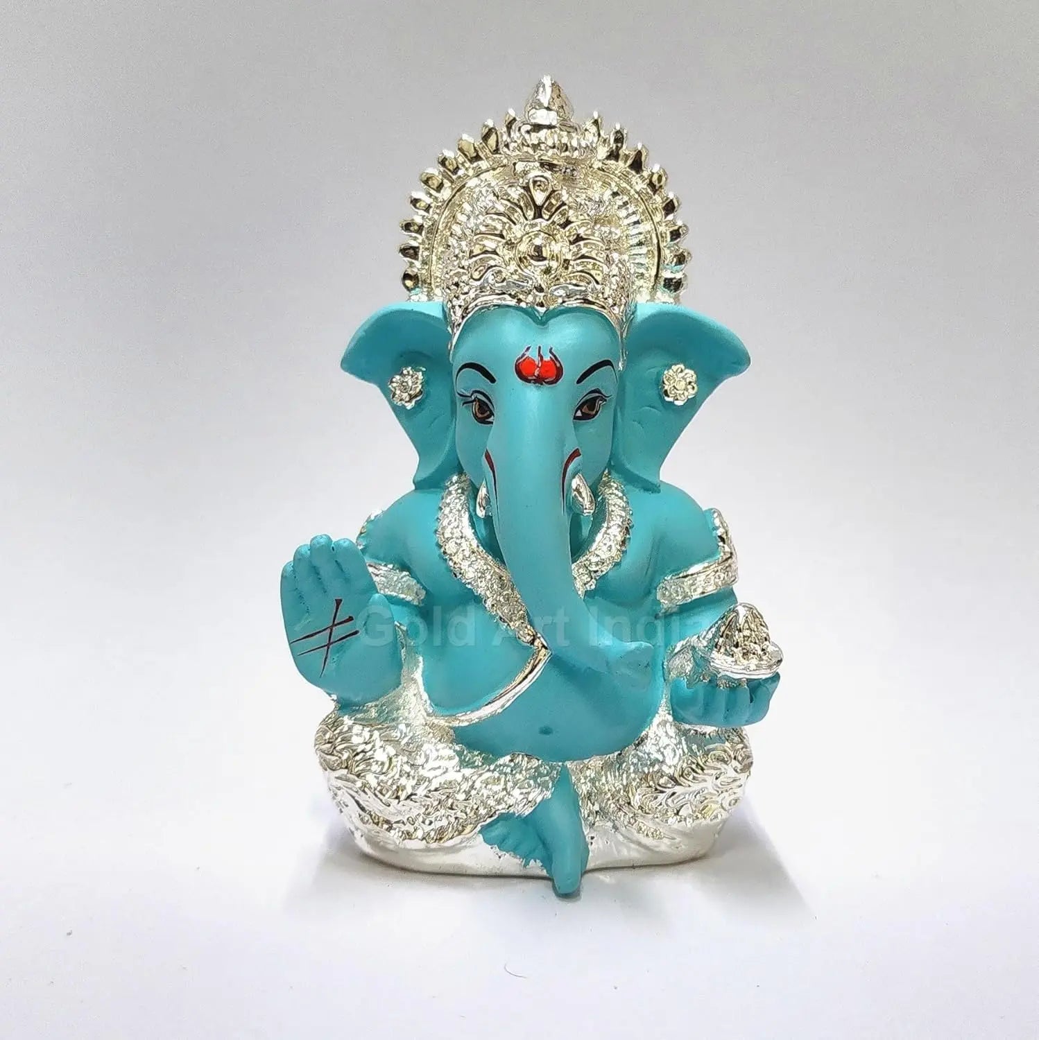 Gold Art India 999 Silver Plated Ganesha Idol | Fountain Blue Terracotta Finish | 3.5 Inch Ganpati Murti for Car Dashboard, Home Decor & Gifting