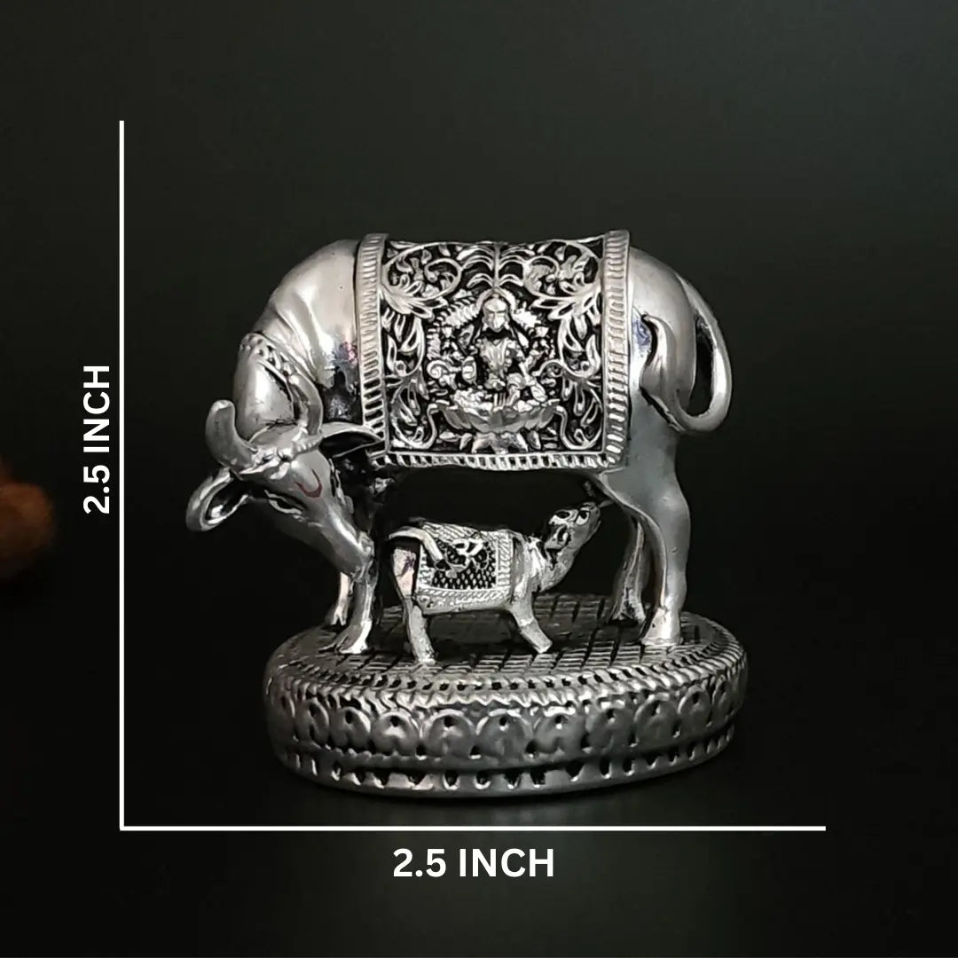 Kamdhenu Cow & Calf Idol – Antique Silver Plated Finish (2.5 × 2.5 Inch)