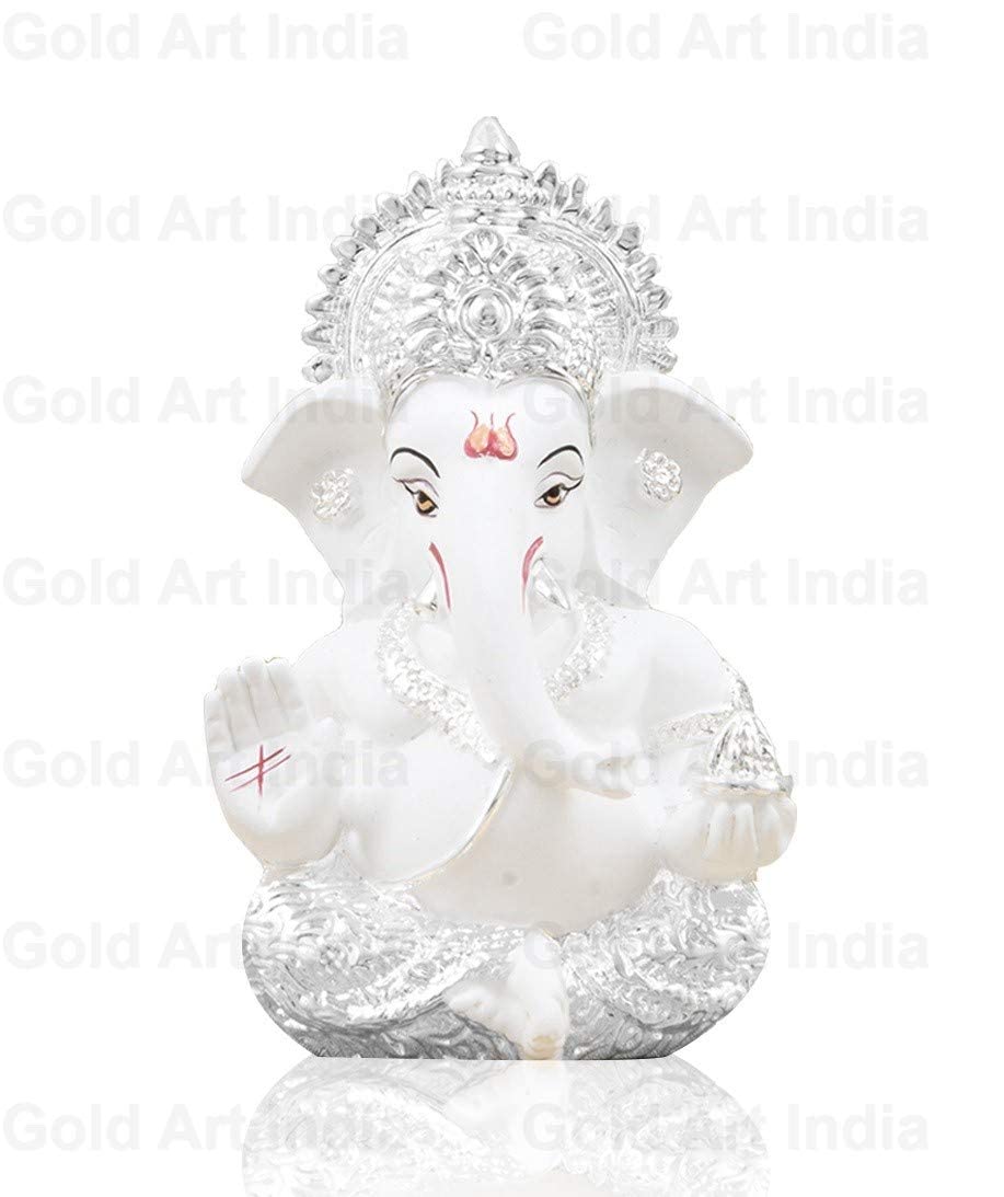 Gold Art India Silver Plated white Ganesha for car front side picture