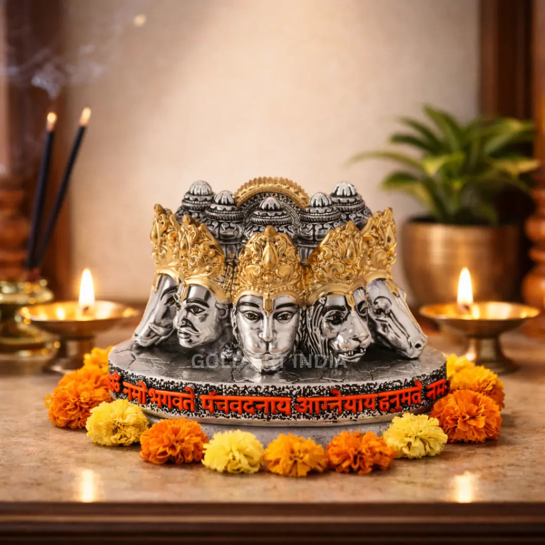 Panchmukhi Hanuman bust idol – silver antique gold finish, detail view – Gold Art India #color_Silver Antique Gold