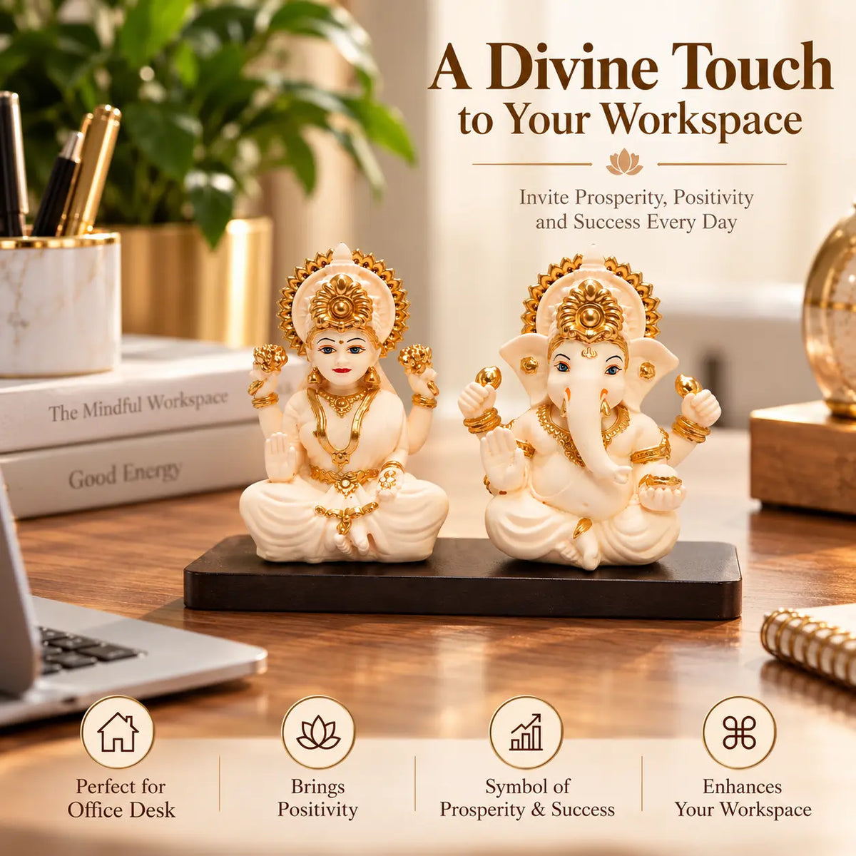 Divine workspace decorated with Lakshmi Ganesh Peach Ivory Idol pair