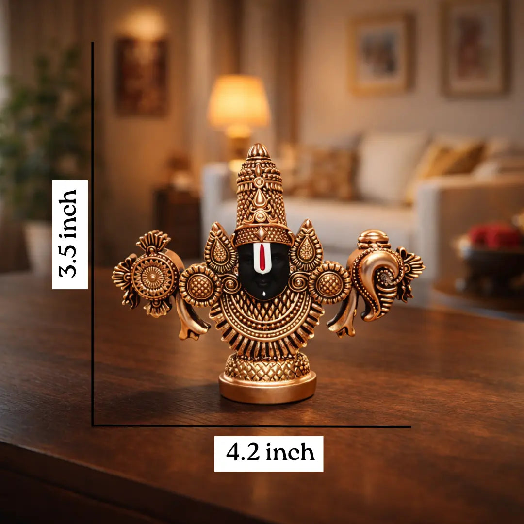 Lord Balaji Idol – Copper-Plated Antique Matte Finish – 3.5 Inch for Office, Pooja Room & Gifting - Gold Art India