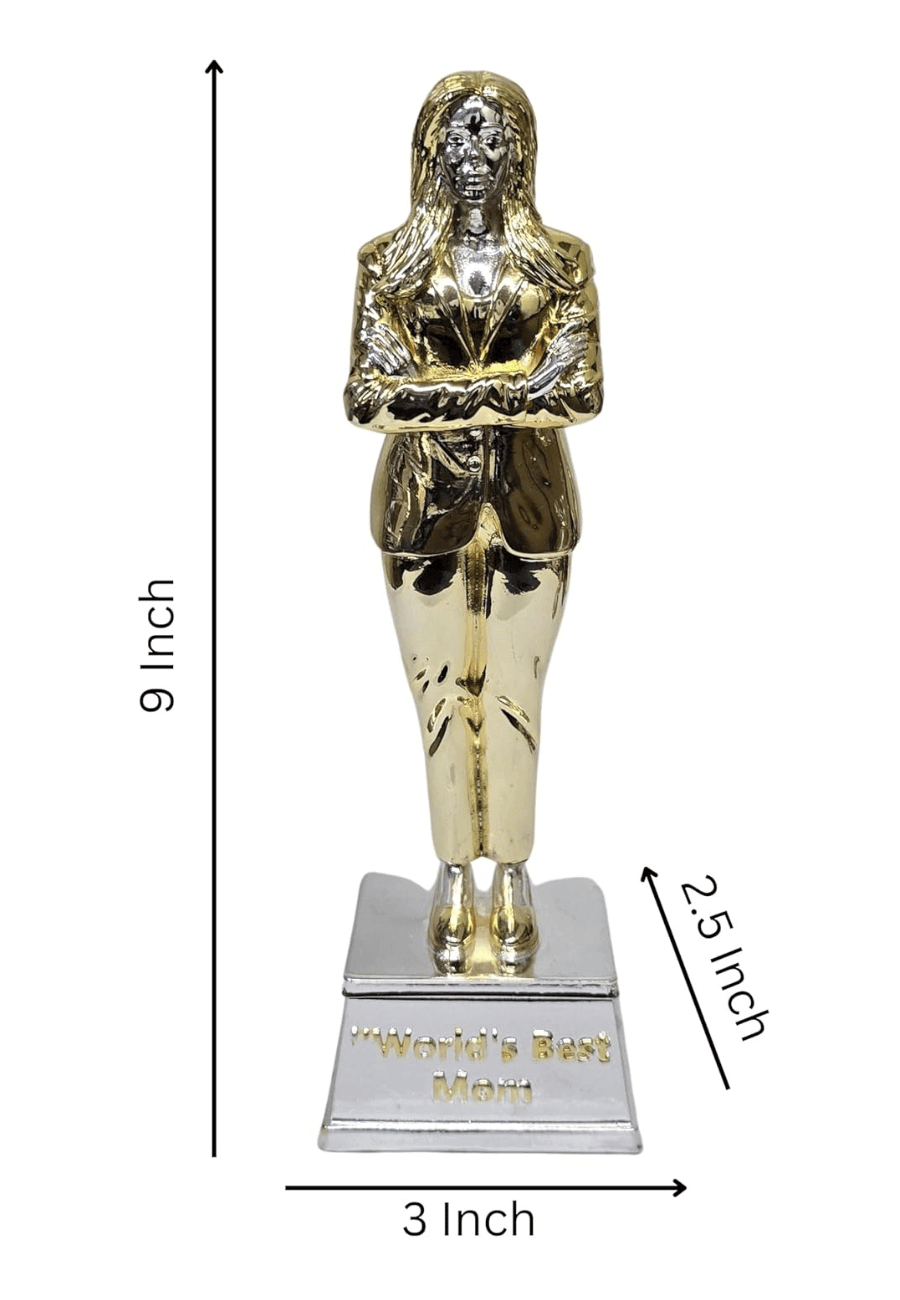 A gold and silver "World's Best Mom" trophy featuring a woman in a suit with arms crossed. dimension 9x3x2.5 inches