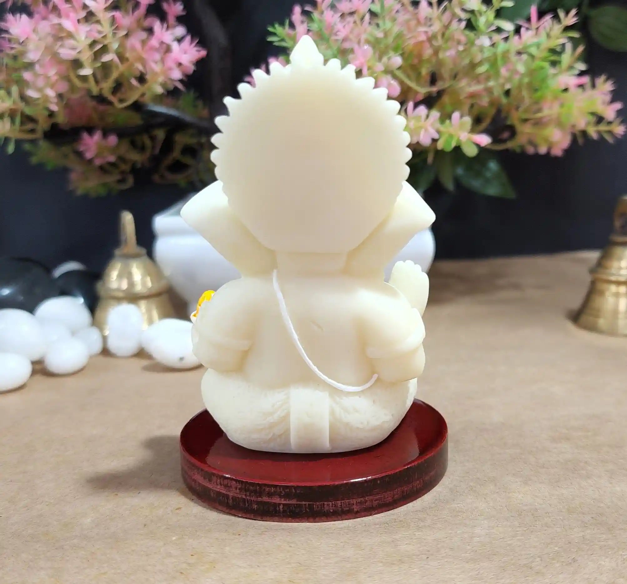 Back View of Ivory Finish Ganesh Murti – Handcrafted Polyresin Idol with Wooden Base, 3.5 Inch Height.