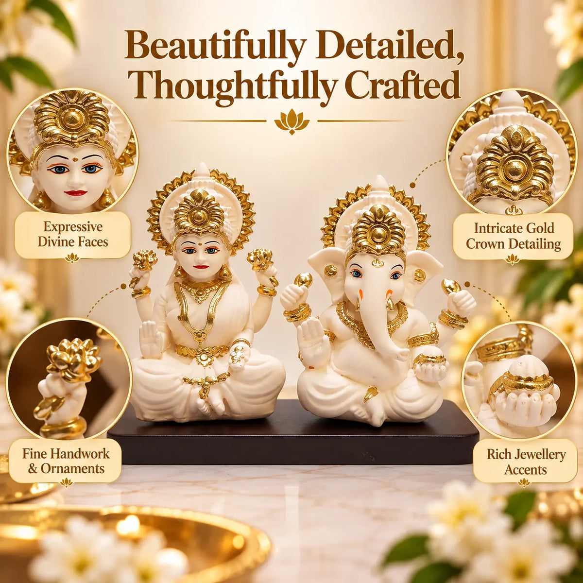 Beautifully crafted Lakshmi Ganesh Peach Ivory Idol pair