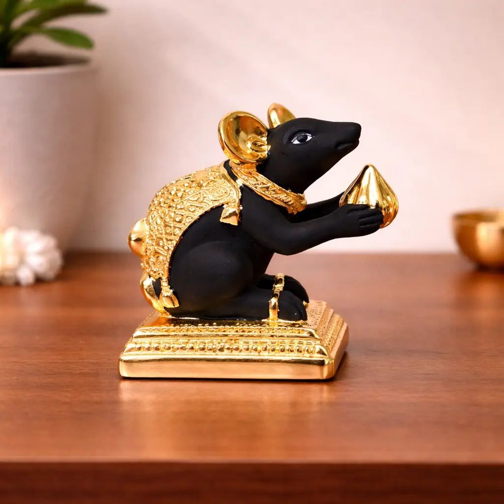 Gold-Plated Mushak (Mooshak) Mouse Idol with Modak | Black Terracotta Finish | Ganesha Vahana