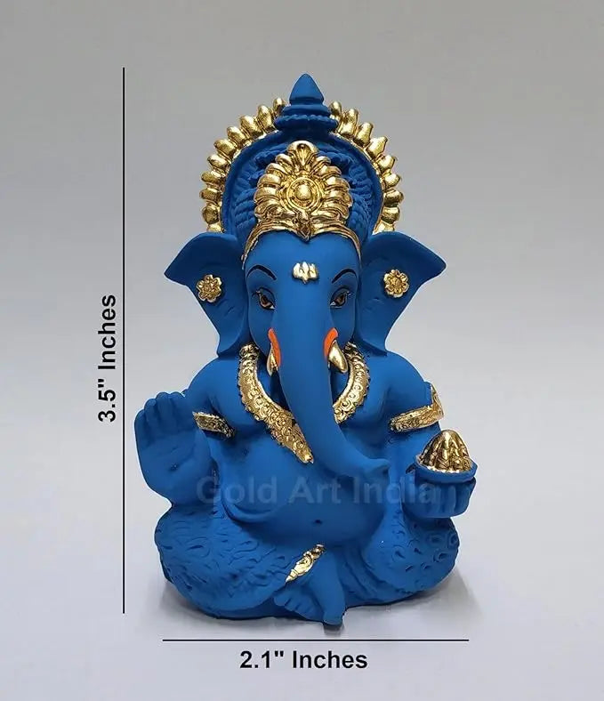 Blue terracotta Ganesha idol with Gold detailing, seated in a blessing posture, holding a modak in one hand.dimension 3.5x2 inches