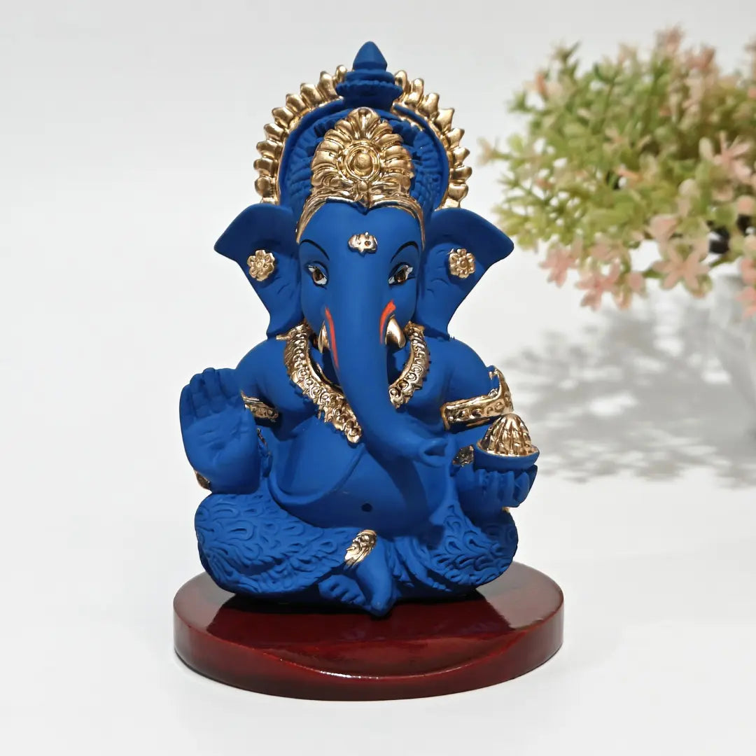 Blue terracotta Mukut  Ganesh idol with MDF Base intricated detailing 