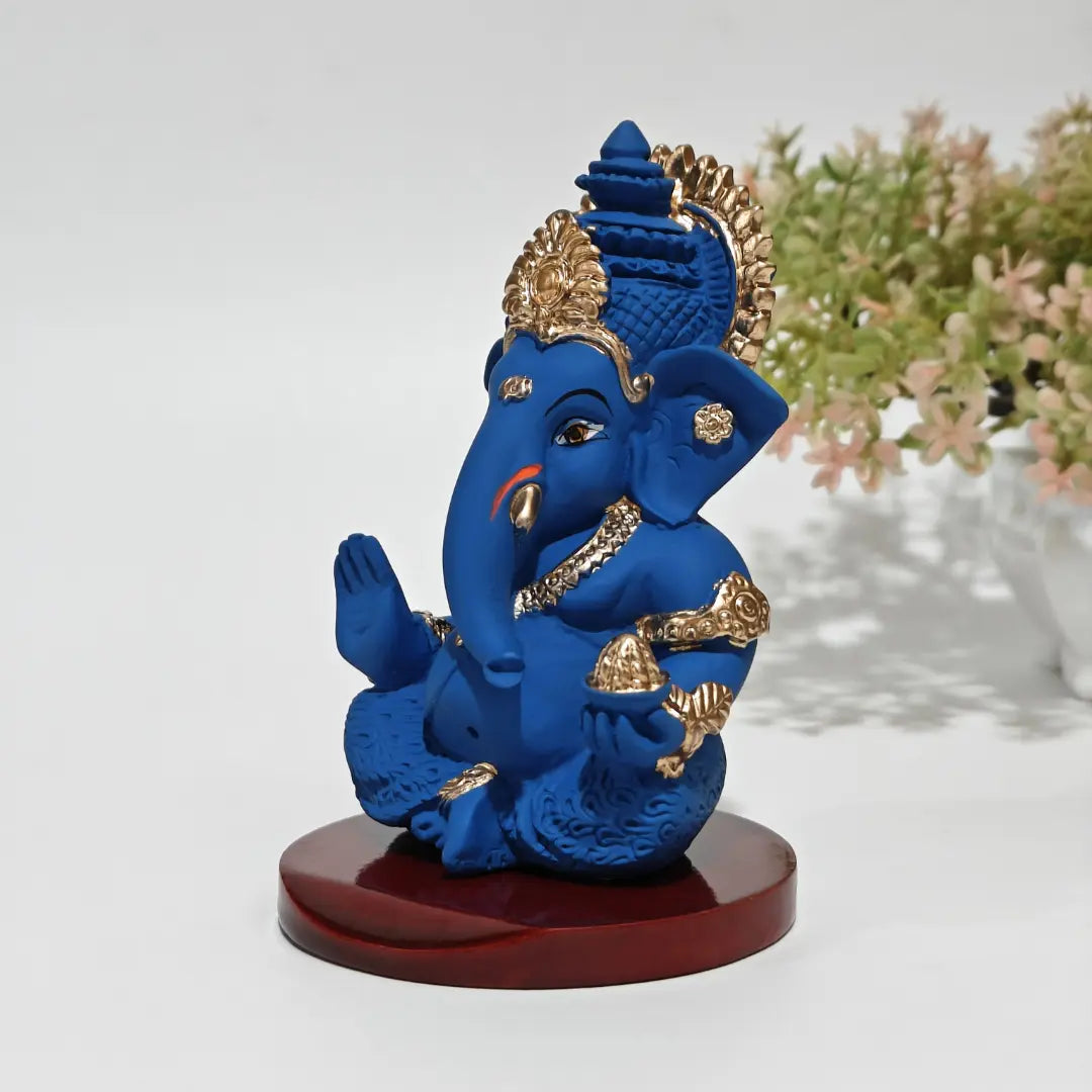 Blue terracotta Mukut  Ganesh idol with MDF Base intricated detailing side view 