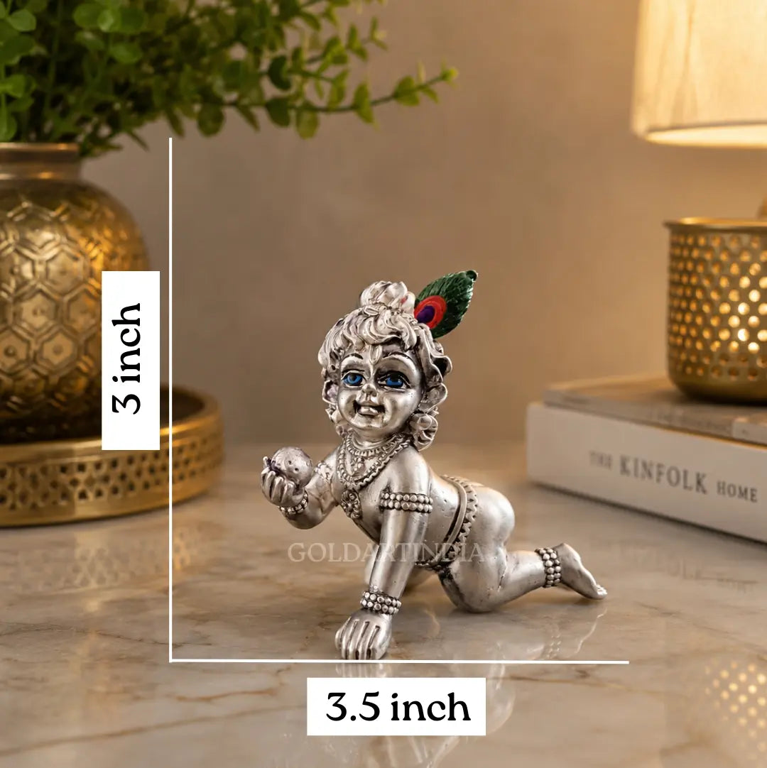 Gold Art India Laddu Gopal Idol – angled view showing silver matte detailing