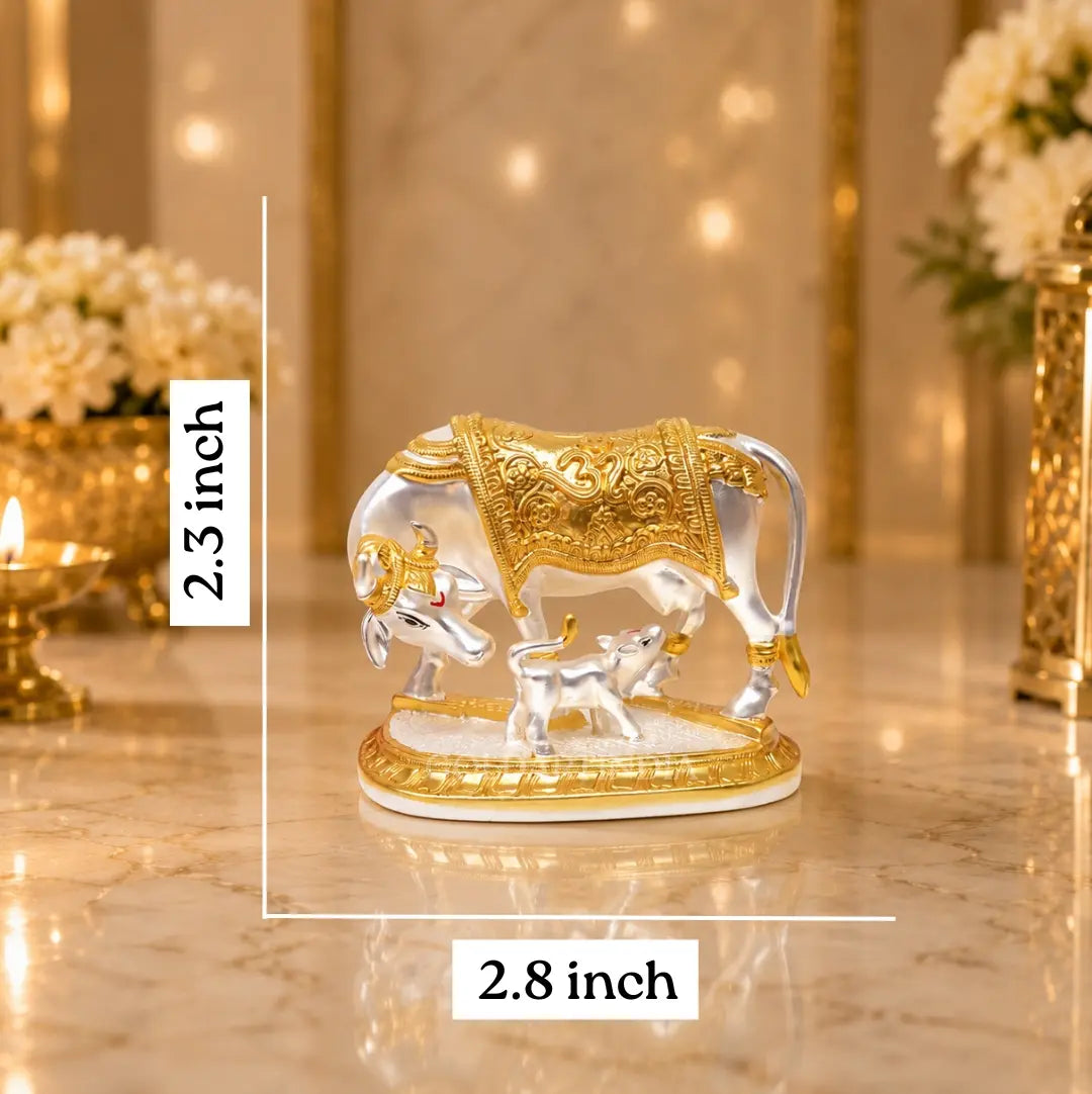 Gold Art India Kamdhenu Cow and Calf Idol – angled view showing gold and silver matte detailing