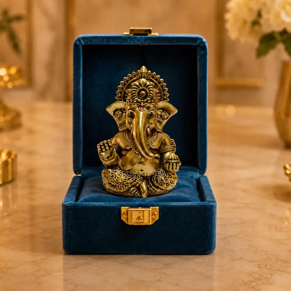 Gold Art India Ganesh Idol – Gold Antique Matte Finish with Peacock Blue Velvet Gift Box | 3 x 2 Inch