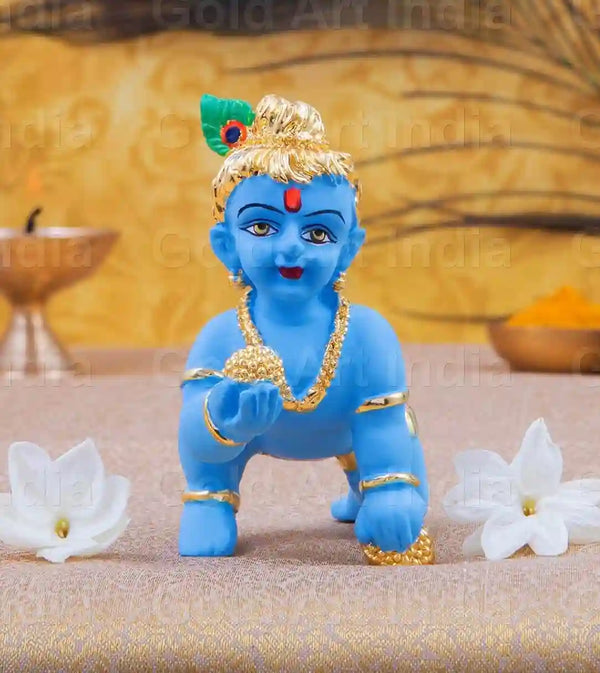 Gold-Plated Blue Laddu Gopal with Terracotta Finish (3.5 Inch)