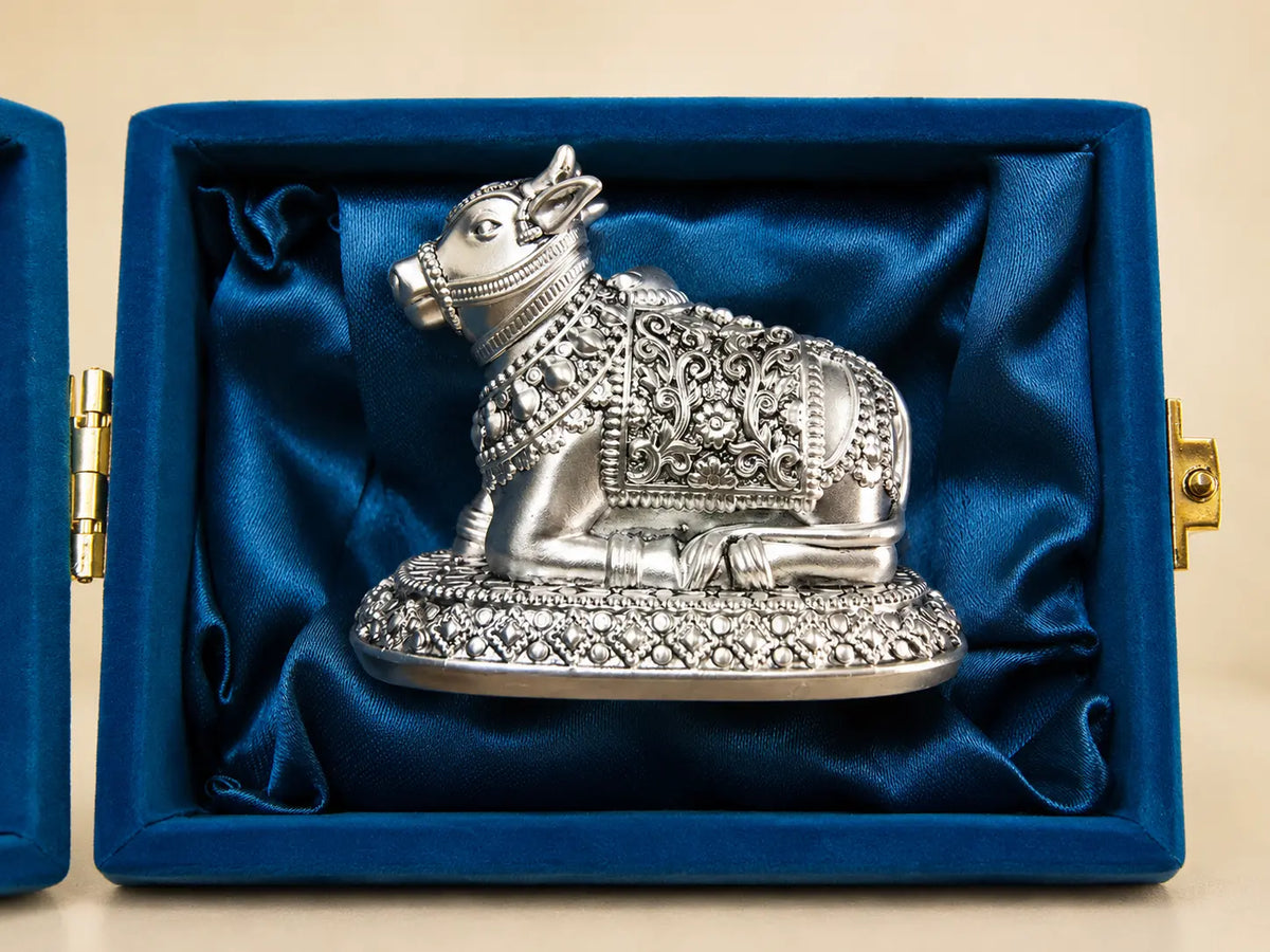 999 Silver Plated Antique Nandi Ji Idol – 3 Inch | Nandi Maharaj Murti for Home Temple & Pooja Room | Lord Shiva Sacred Bull Statue
