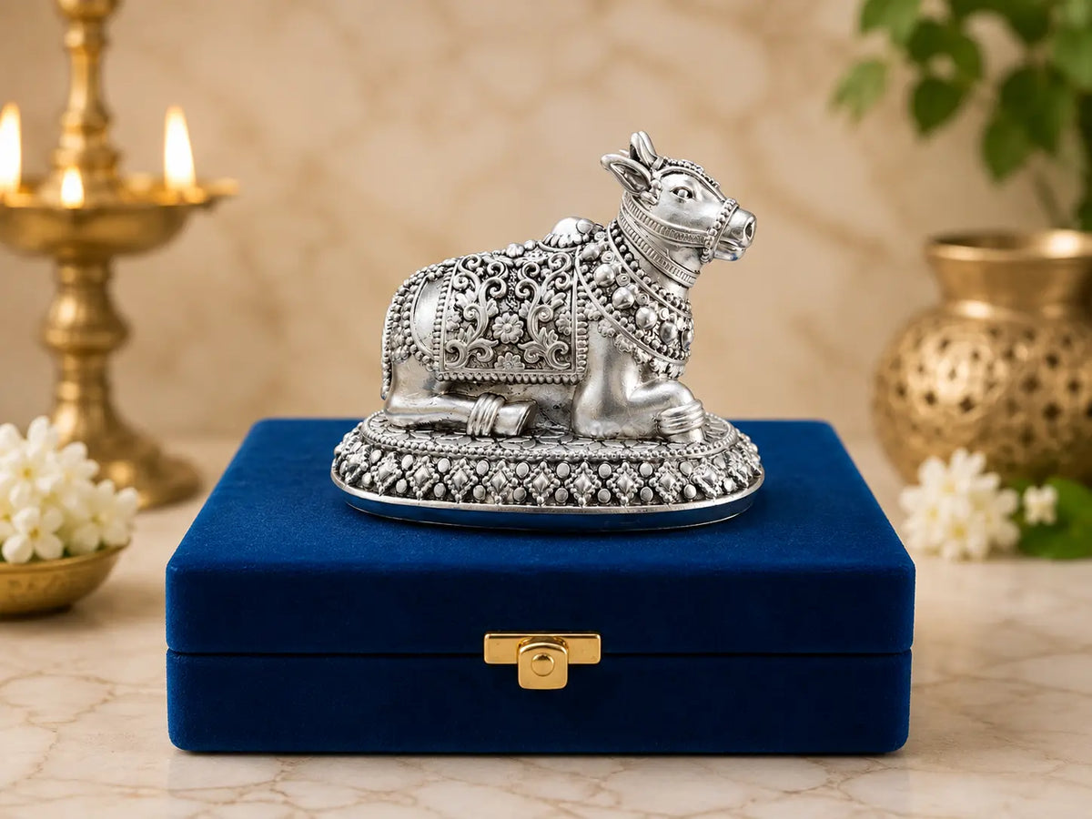999 Silver Plated Antique Nandi Ji Idol – 3 Inch | Nandi Maharaj Murti for Home Temple & Pooja Room | Lord Shiva Sacred Bull Statue