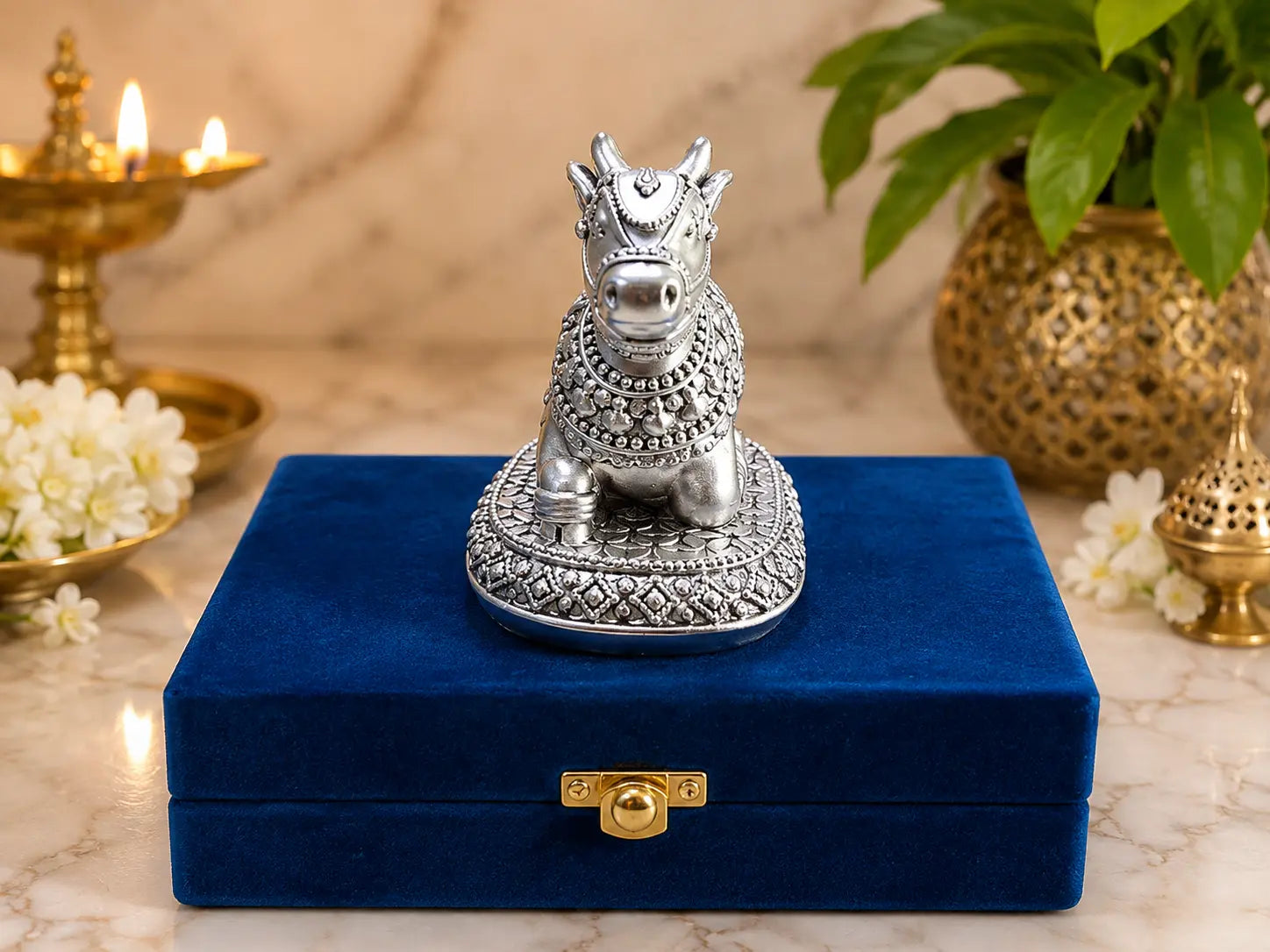 999 Silver Plated Antique Nandi Ji Idol – 3 Inch | Nandi Maharaj Murti for Home Temple & Pooja Room | Lord Shiva Sacred Bull Statue
