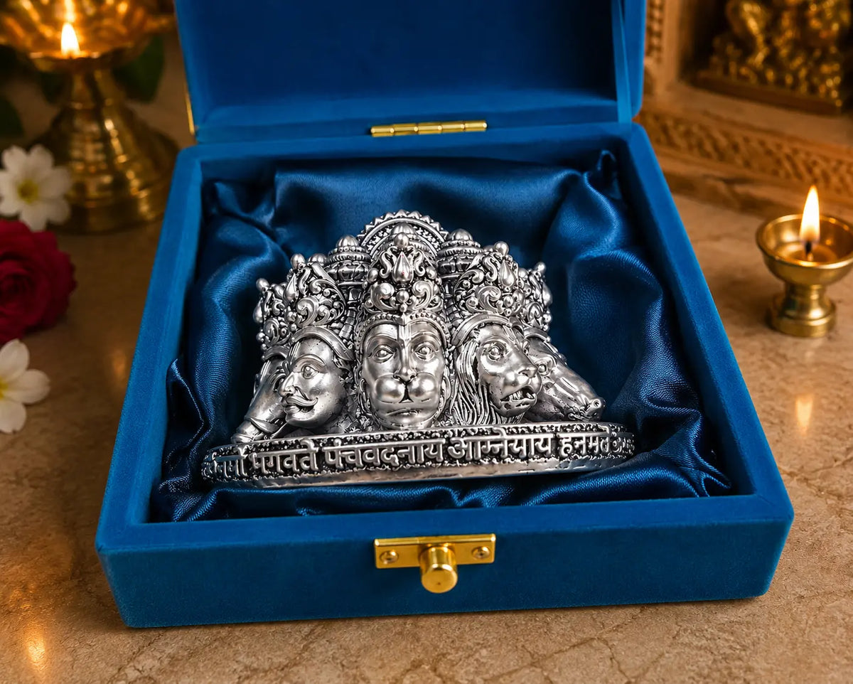 999 Silver Plated Panchmukhi Hanuman Bust Idol | 3 Inch Antique Finish